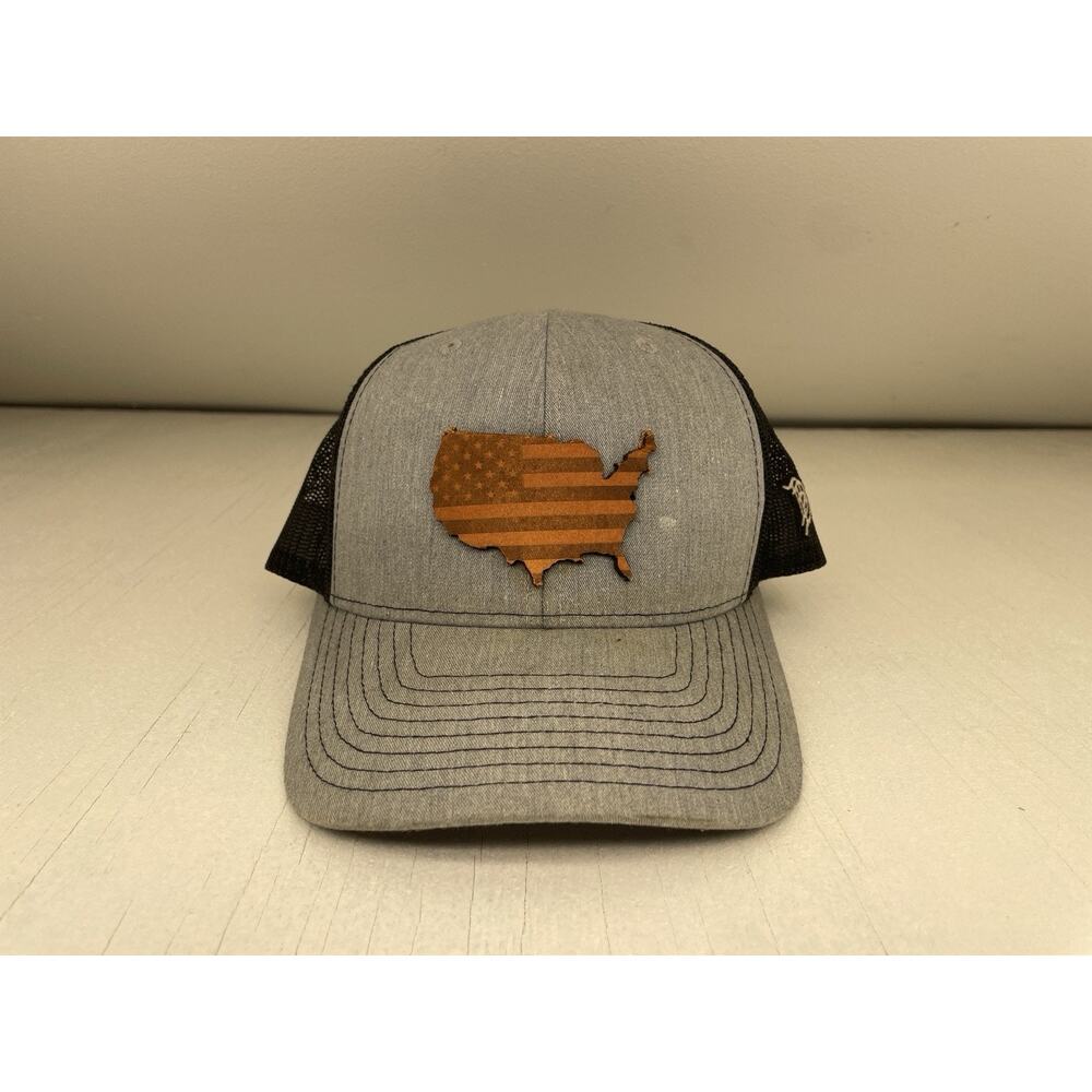 USA Country Map Leather Patch Trucker Heather Gray Black Snapback Hat Cap Clean